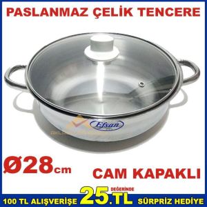 ÖZEL TABANLI CAM KAPAKLI ÇELİK TENCERE 28cm