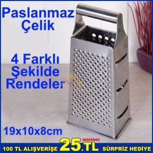 Paslanmaz Çelik Çok Fonksiyonlu 4 Taraflı Rende 3 Farklı Ölçü Rende Yüzeyi + Cips Yapma Yüzeyi