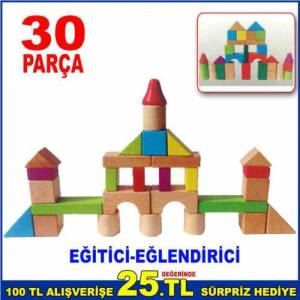 30 Parça Renk Dolu Ahşap Bloklar Bultaklı Özel Kutusunda Eğlenceli Ahşap Blok Puzzle