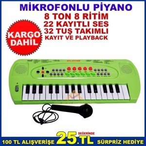 32 TUŞLU, MİKROFONLU, KAYIT VE PLAYBACK, 8 RİTİM, 8 TONLU PİYANO
