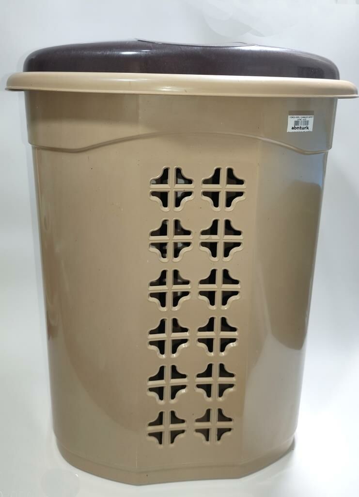 Bej Rengi Yonca Delikli Desen Kapaklı Banyo Çamaşır Sepeti 44x34-h55 Çok Amaçlı Büyük Malzeme Kutusu