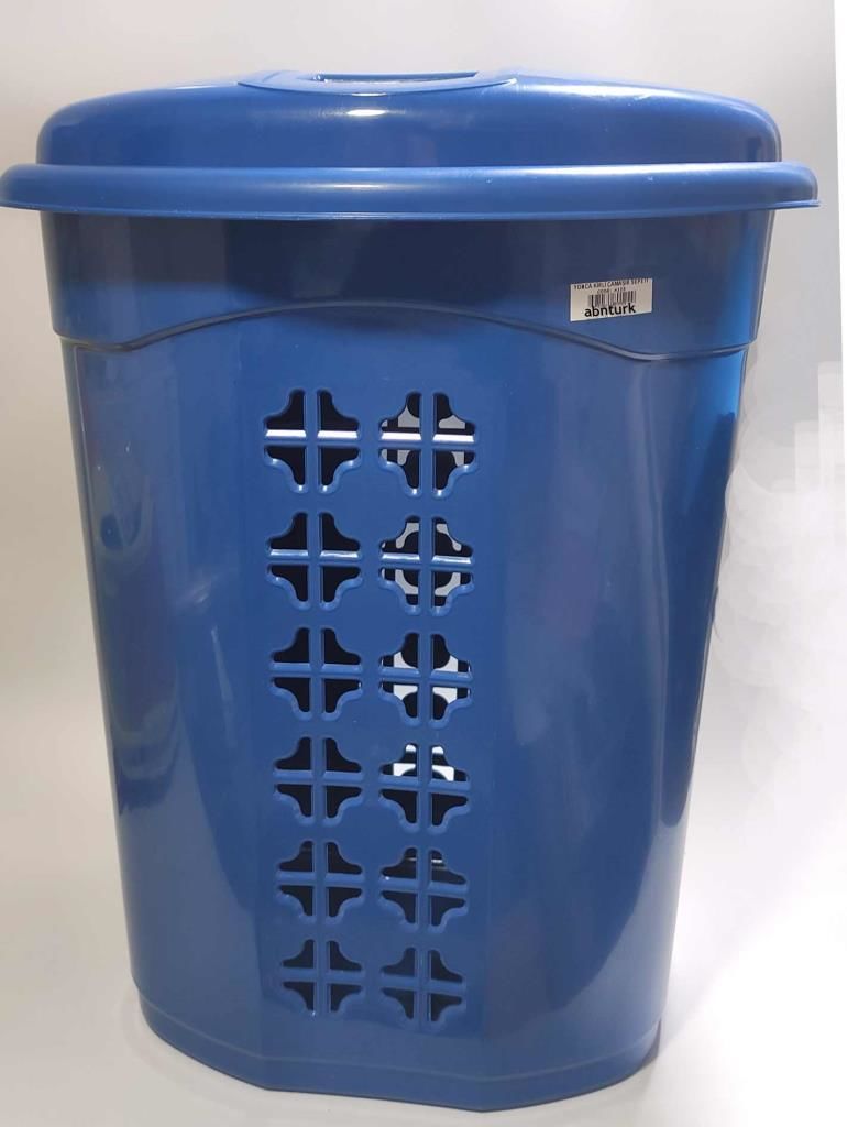 Mavi Renk Yonca Delikli Desen Kapaklı Banyo Çamaşır Sepeti 44x34-h55 Çok Amaçlı Büyük Malzeme Kutusu