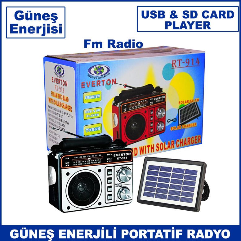 Güneş Enerjisiyle Şarj Olan FM-AM-SW 3 Dalga Radyo Fenerli SD Card ve Usb'li Portatif Müzik Kutusu