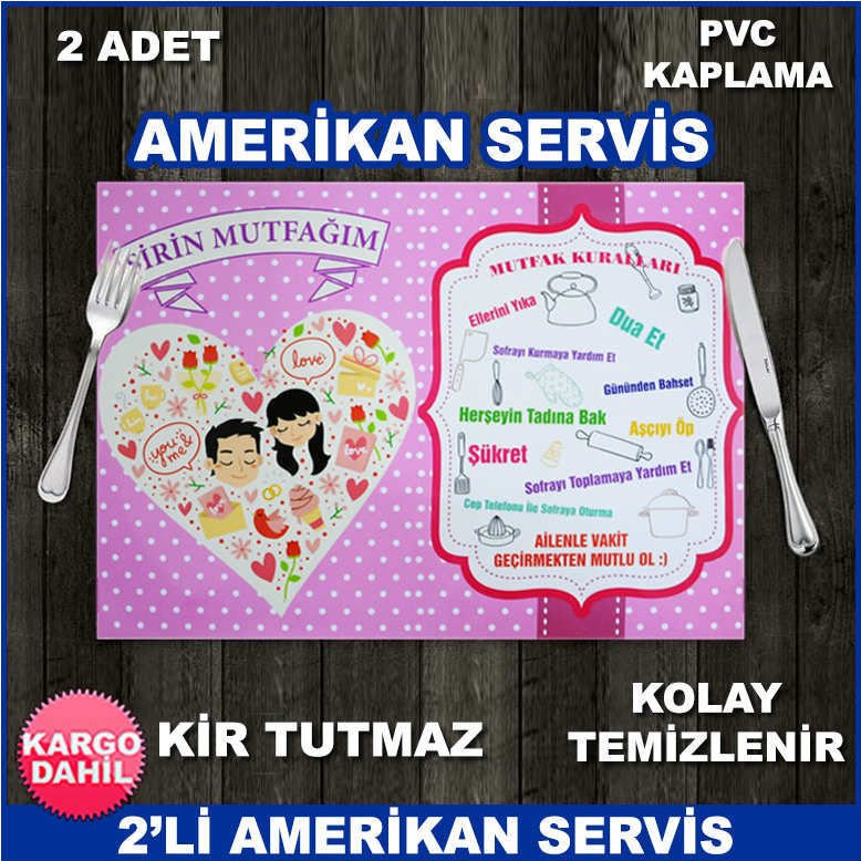 2 Adet PVC Kaplama Kir Tutmaz Kolay Temizlenir Amerikan Servisi - Şirin Mutfağım Pembe