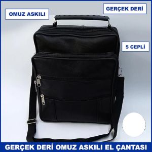 26x20x10 Deri Omuz Askılı 5 Cepli Büyük Erkek El Çantası Dikey