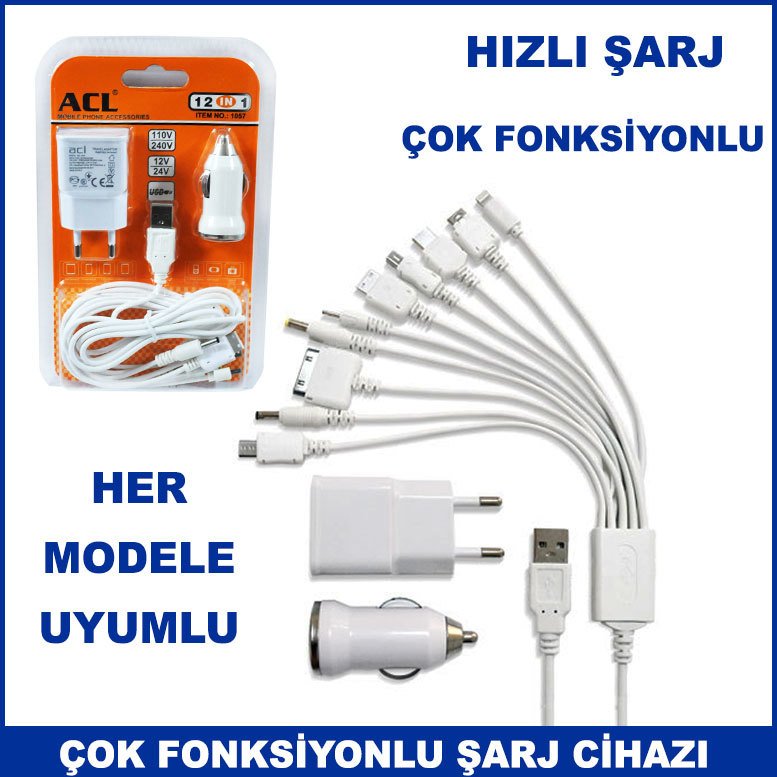 Her Model Cep Telefonuna Uyumlu Çok Fonksiyonlu 2 Amper 12 in 1 Araç ve Ev Şarj Cihazı