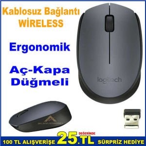 ogitech M170 Kablosuz Mouse Wireless Açma-Kapama Düğmeli Ergonomik 10x6cm USB Girişli Mouse abn34