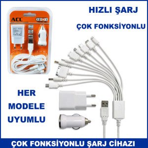 Her Model Cep Telefonuna Uyumlu Çok Fonksiyonlu 2 Amper 12 in 1 Araç ve Ev Şarj Cihazı