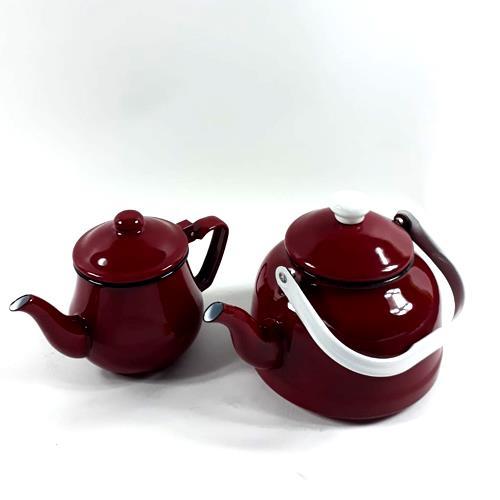 Emaye Çaydanlık Seti Kaliteli nostaljik Kırmızı 2 li Çaydanlık set