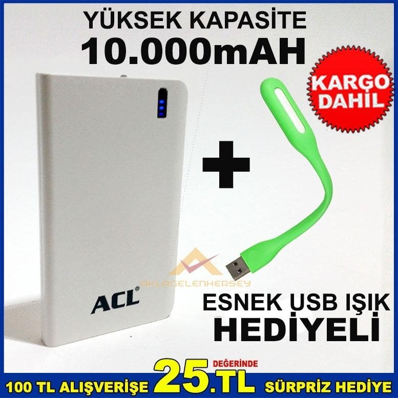 AYDINLATMA SİSTEMLİ 10.000mAh ORİJİNAL POWERBANK + ESNEK USB IŞIK