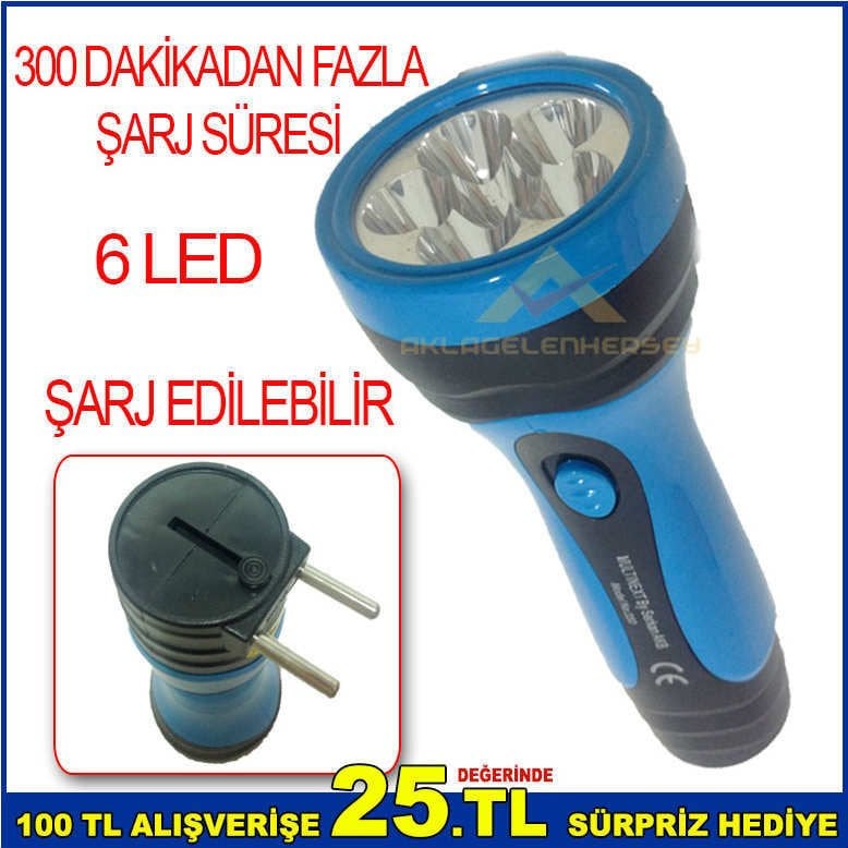 6 LED ŞARJLI PARLAKLIĞI AYARLANABİLİR 300 DAKİKADAN FAZLA DAYANIKLI ŞARJ SÜRELİ EL FENERİ