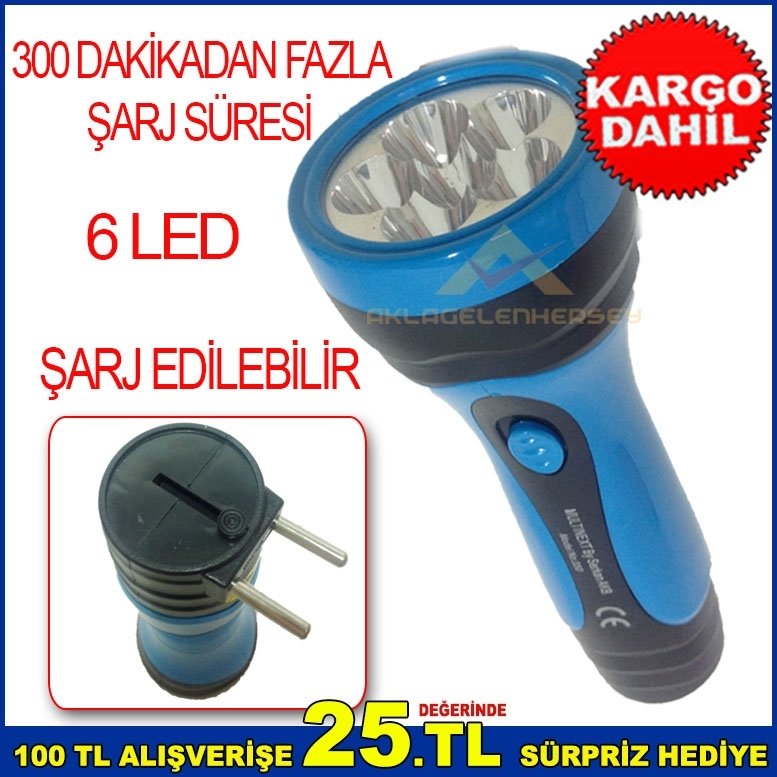 6 LED ŞARJLI PARLAKLIĞI AYARLANABİLİR EL FENERİ