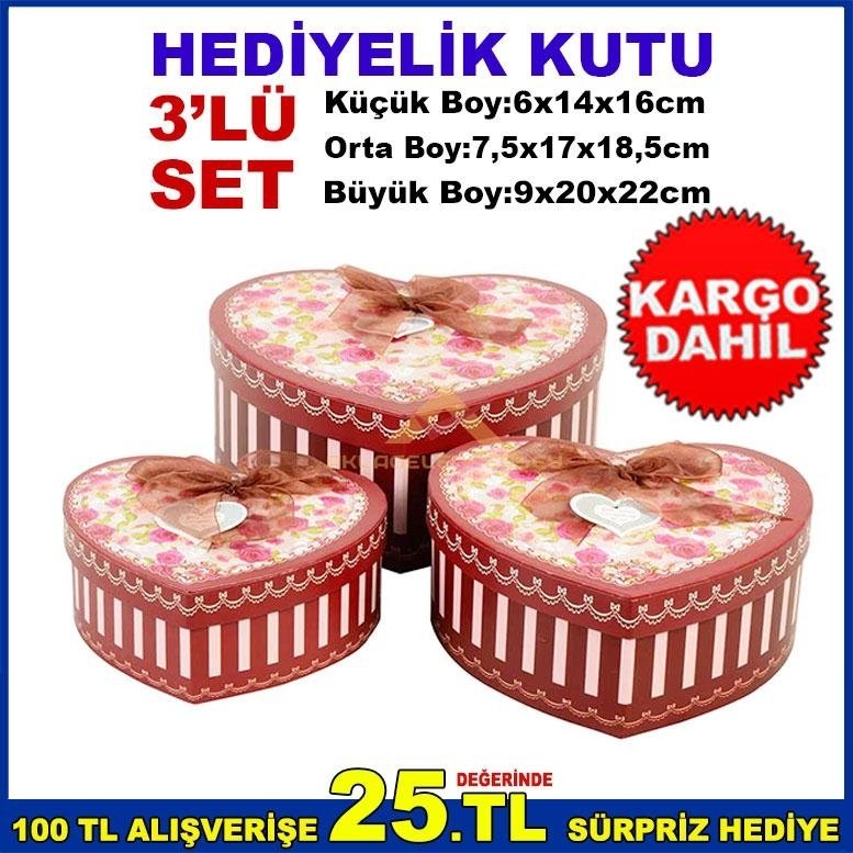 KALP ŞEKLİNDE ÇİÇEK DESENLİ İÇİÇE GEÇMELİ 3'LÜ SET HEDİYELİK KUTU