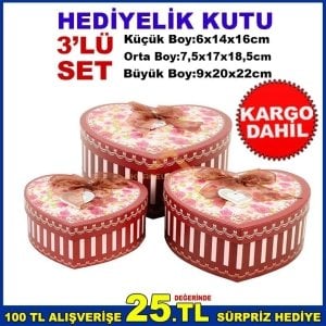 KALP ŞEKLİNDE ÇİÇEK DESENLİ İÇİÇE GEÇMELİ 3'LÜ SET HEDİYELİK KUTU