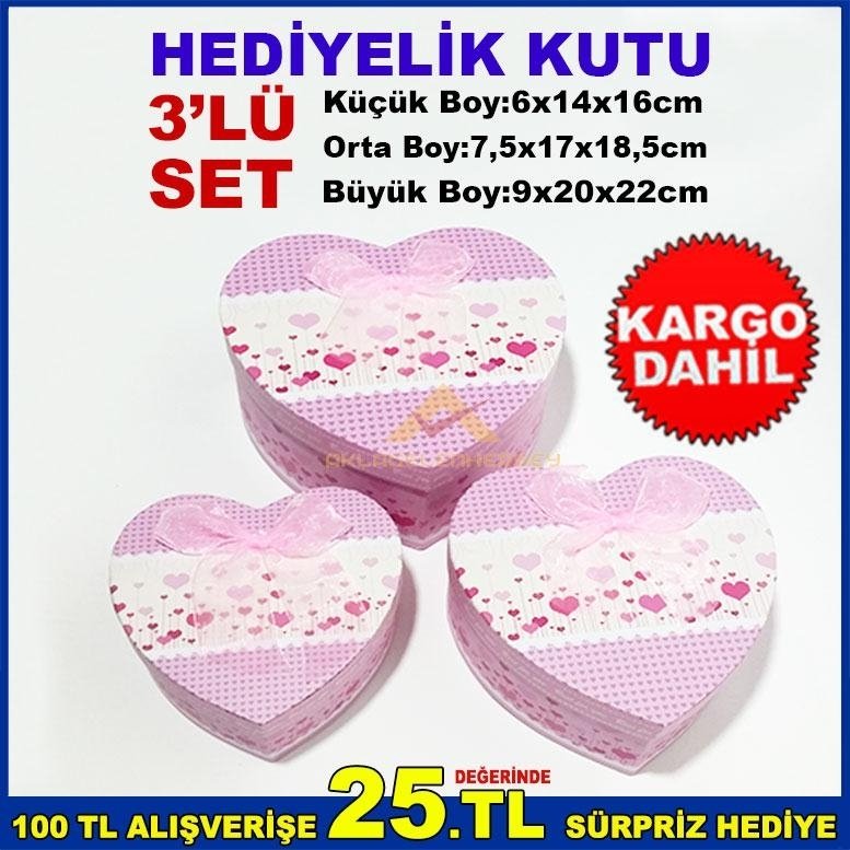 KALP ŞEKLİNDE İÇ İÇE GEÇMELİ 3'LÜ SET KURDELELİ HEDİYELİK KUTU