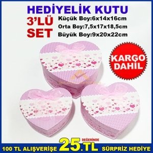 KALP ŞEKLİNDE İÇ İÇE GEÇMELİ 3'LÜ SET KURDELELİ HEDİYELİK KUTU