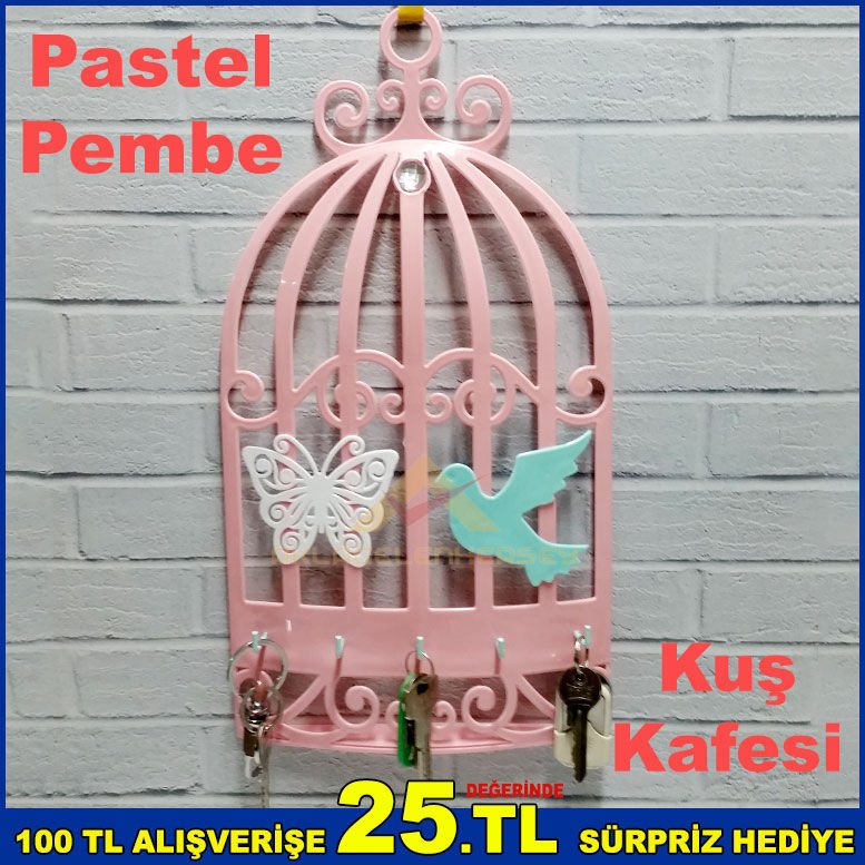 Kuş Kafesi Duvara Asılan Pudra Pembe Anahtarlık Kelebek ve Kuş Desenli Şık Dekoratif Anahtar Askısı