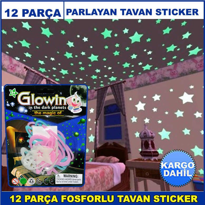 12 Parça Fosforlu Tavan Sticker - Parlayan Tavan ve Duvar Süsü - Gezegenler