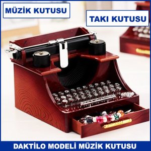 Klasik Daktilo Modeli Çekmeceli Kurmalı Müzik Kutusu - Mücevher ve Takı Kutusu