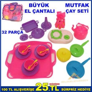 Büyük taşıma El Çantalı Sağlam Plastik 32 Parça oyuncak mutfak gereçleri ve Çay Takımı-3 Yaş Üstü