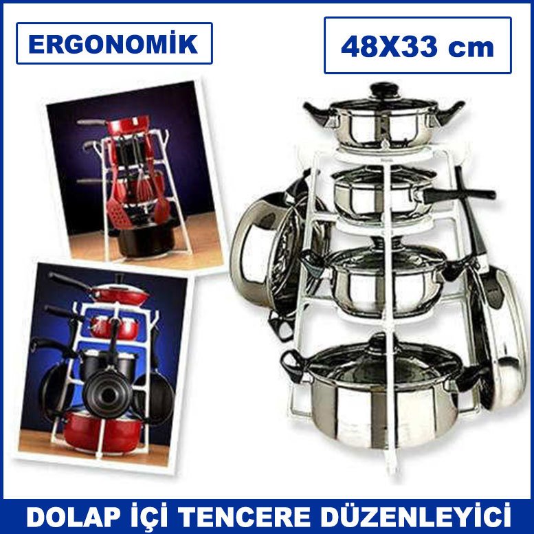 Dolap İçi Tencere Tava Düzenleyici Portatif ve Ergonomik Tasarım Tencere Tava Rafı - Yer Kazandırıcı