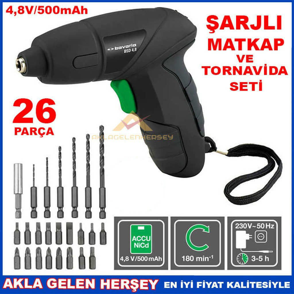 26 PARÇA 4,8 VOLT ŞARJLI MATKAP ve TORNAVİDA SETİ,MATKAP UCU-DEĞİŞİK BİTLERLE ŞARJLI VİDALAMA SETİ