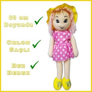 60 cm Boyunda Elbiseli Orlon Saçlı Safinaz Bebek - Şapkalı Bez Bebek - Laz Kızı