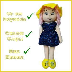 60 cm Boyunda Elbiseli Orlon Saçlı Safinaz Bebek - Şapkalı Bez Bebek - Laz Kızı