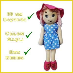 60 cm Boyunda Elbiseli Orlon Saçlı Safinaz Bebek - Şapkalı Bez Bebek - Laz Kızı