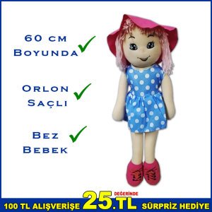 60 cm Boyunda Elbiseli Orlon Saçlı Safinaz Bebek - Şapkalı Bez Bebek - Laz Kızı