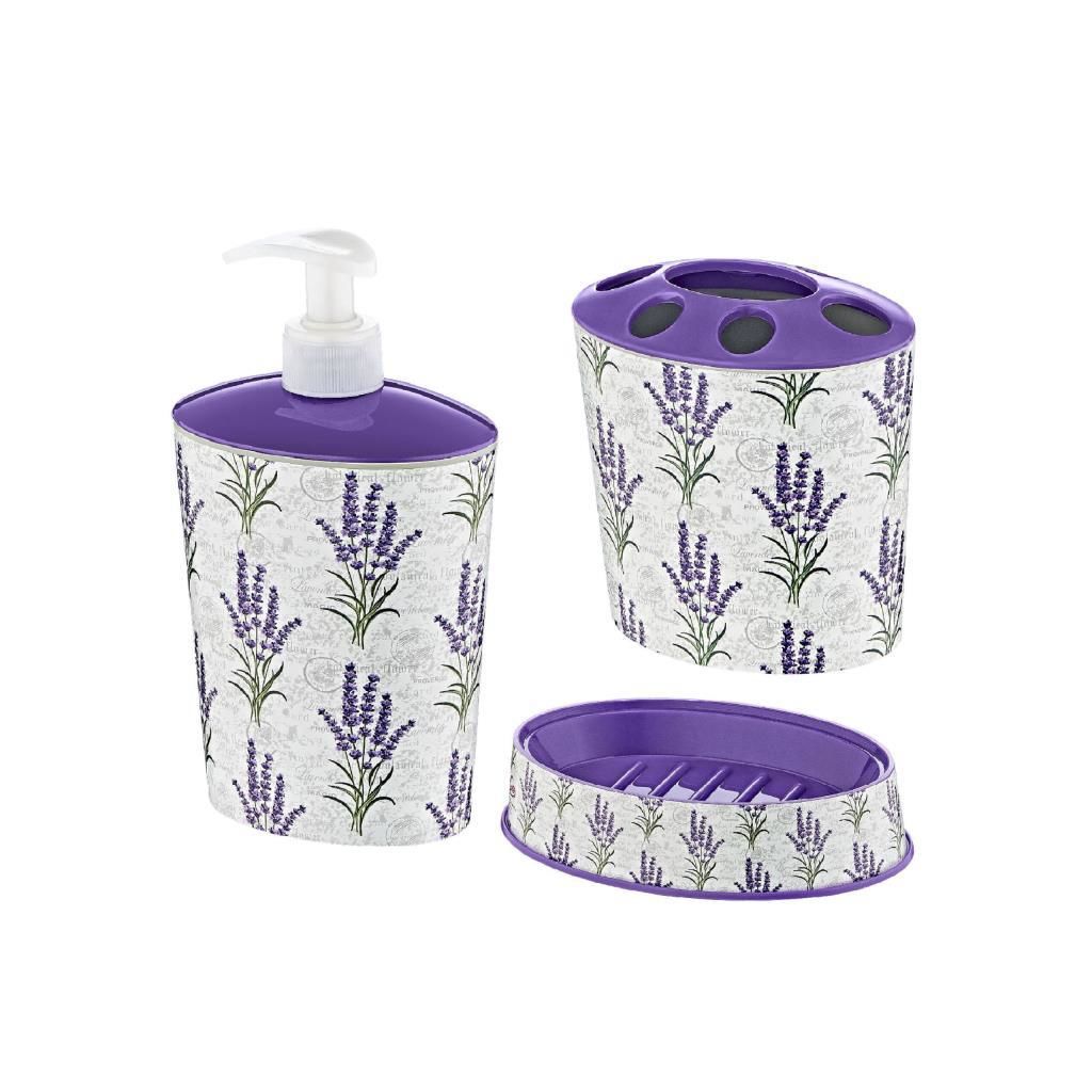 Vintage Lavanta stil 3 Parça Banyo Lavabo Seti Diş Fırçalık Sıvı+Katı Sabunluk Kırılmaz Özel Plastik