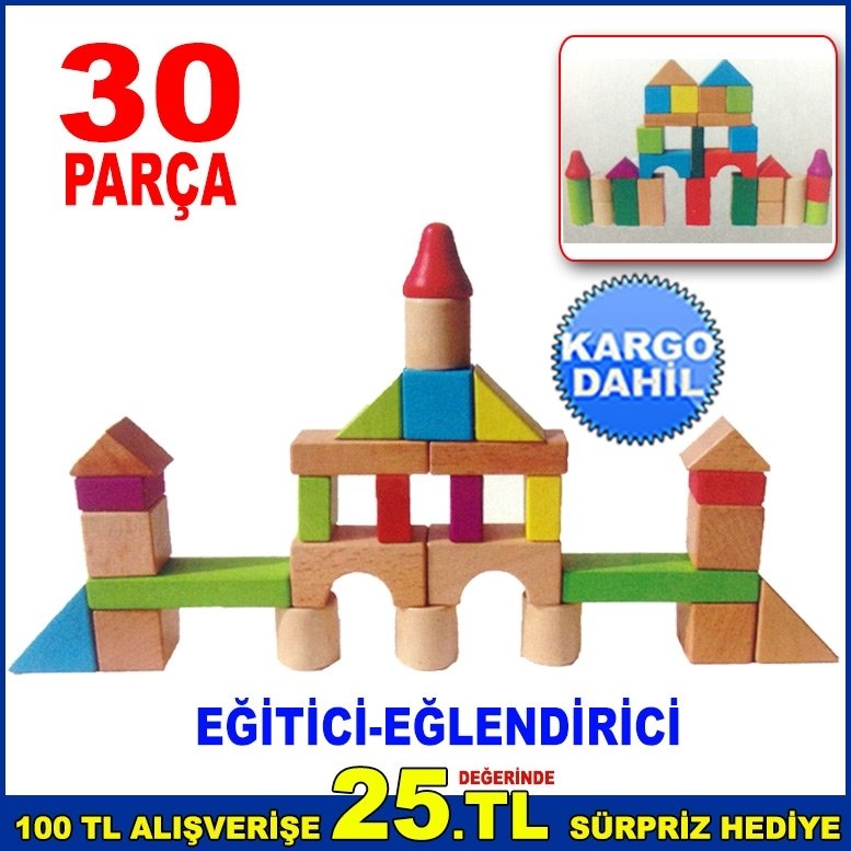30 PARÇA RENK DOLU AHŞAP BLOKLAR BULTAKLI ÖZEL KUTUSUNDA