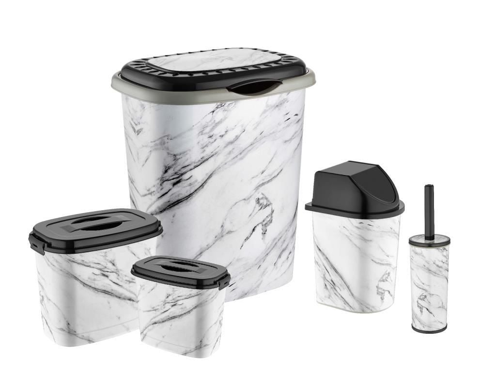 Beyaz Mermer Desen 5 Parça Banyo Çamaşır Seti Kirli Sepeti+Deterjan,Calgonluk Wc Fırçası Çöp Kovası