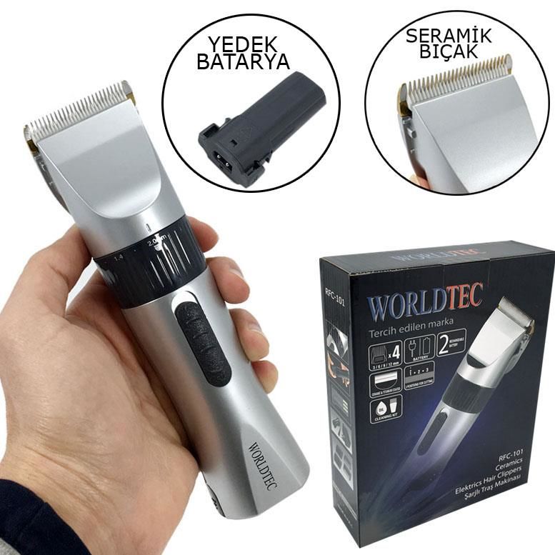 Seramik Bıçaklı Yedek Bataryalı Tıraş Makinesi Worldtec RFC-101 Şarjlı Profesyonel Saç Sakal
