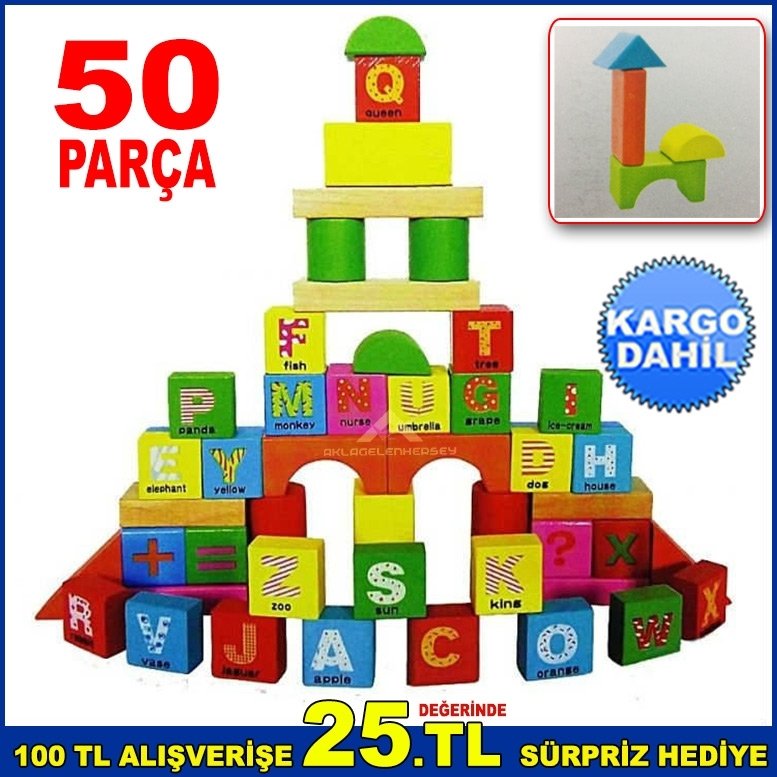 50pç ALFABE HARFLİ RENKLİ AHŞAP BLOKLAR BULTAKLI ÖZEL KUTUSUNDA
