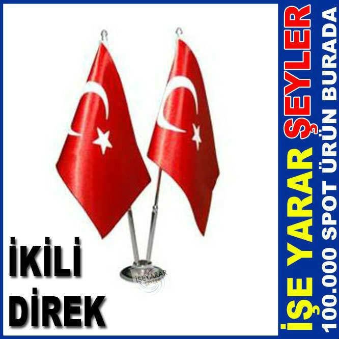 Masaüstü direkli bayrak çift bayraklı 2 krom direkli altı metal kaide masa üstü türk bayrağı-2