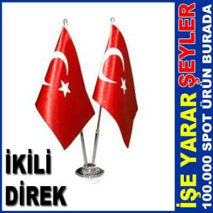 Masaüstü direkli bayrak çift bayraklı 2 krom direkli altı metal kaide masa üstü türk bayrağı-2