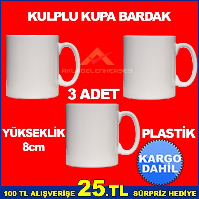 3'LÜ SET BEYAZ PLASTİK KULPLU KUPA BARDAK