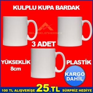 3'LÜ SET BEYAZ PLASTİK KULPLU KUPA BARDAK