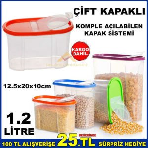 En sağlıklı ve hijyenik şeffaf gıda saklama kabı 1.2 LİTRE ÇİFT KAPAKLI KİLER SAKLAMA ERZAK KUTUSU-2