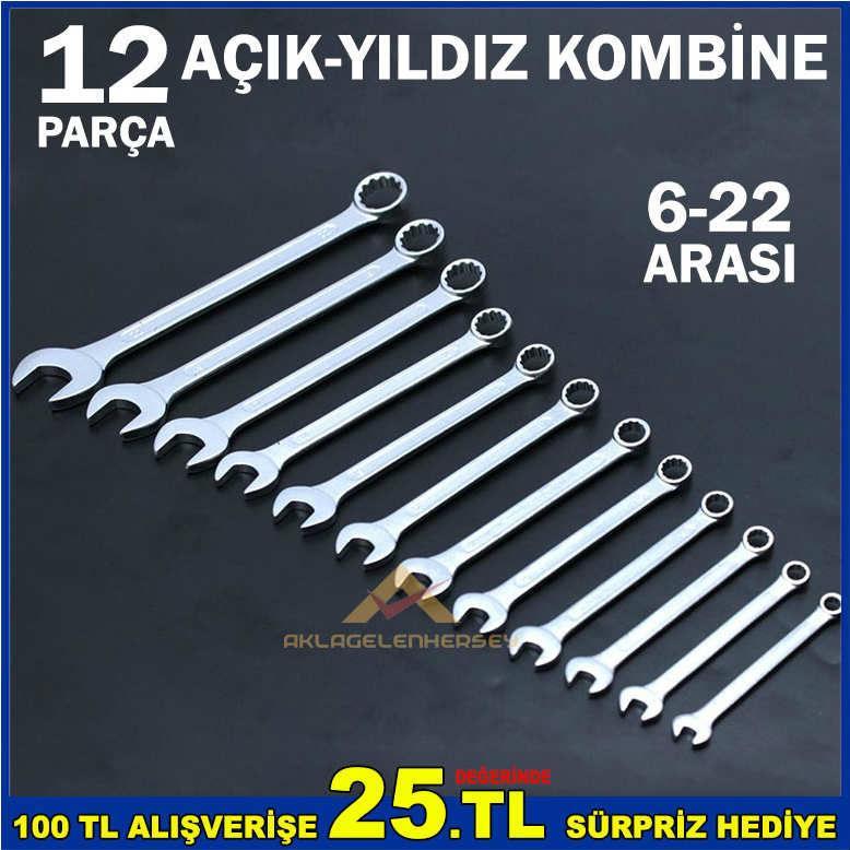 12'li SET ANAHTAR TAKIMI HAVA ÇELİĞİ SÜPER KALİTE YILDIZ ve AÇIK AĞIZLI 12li KOMBİNE ANAHTAR SETİ 