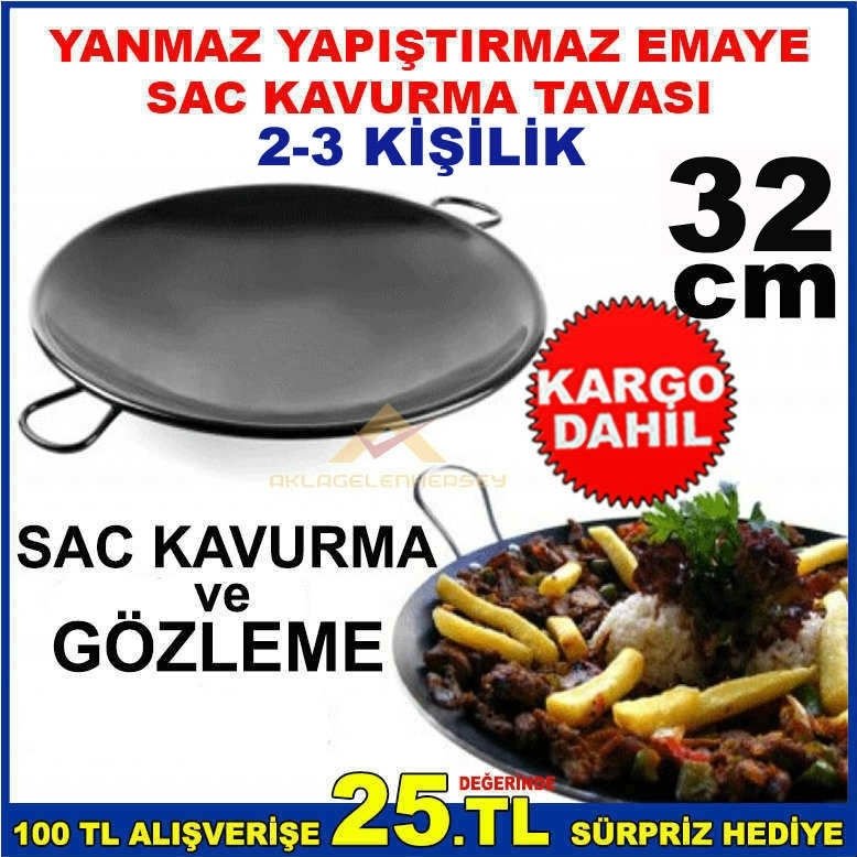 2-3 KİŞİLİK EMAYE SAÇ TAVA YANMAZ YAPIŞMAZ 32cm YUVARLAK SAĞLIKLI