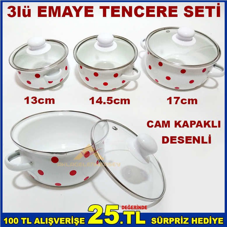3lü PUANLI CAM KAPAKLI MİNİ EMAYE TENCERE SETİ