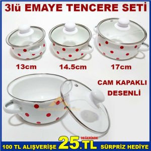 3lü PUANLI CAM KAPAKLI MİNİ EMAYE TENCERE SETİ