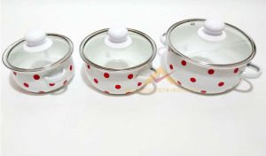 3lü PUANLI CAM KAPAKLI MİNİ EMAYE TENCERE SETİ