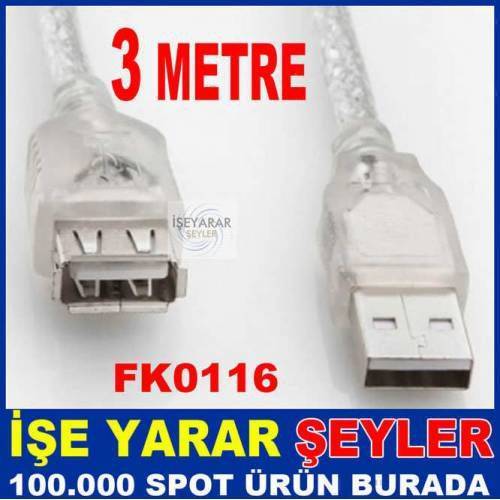 USB UZATMA KABLOSU ERKEK-DİŞİ SOKETLER 3 MT