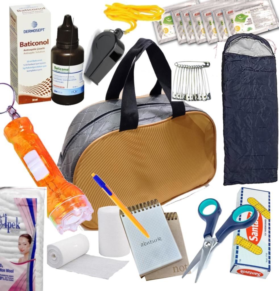 77 Yaşam Malzemeli Uyku Tulumlu Doğal Afet Deprem Çantası içi Full Dolu her bireye ilk yardım Seti