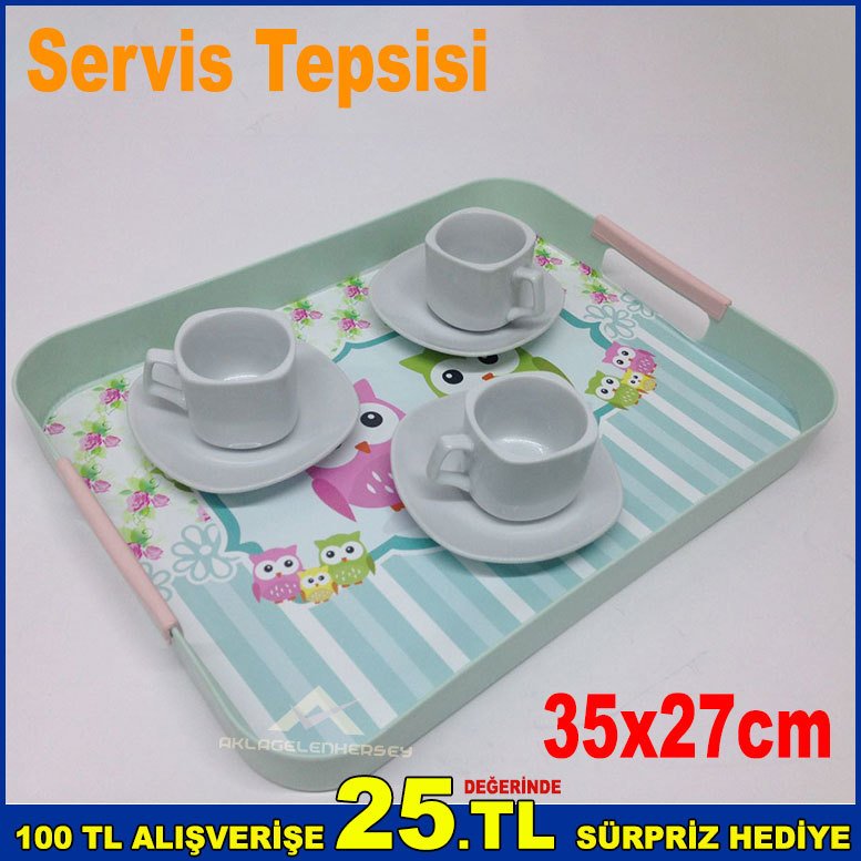Desenli Dikdörtgen Servis Tepsisi 38x28cm Ebatında Tepsi Şık Tasarım Plastik Sunum Tepsisi