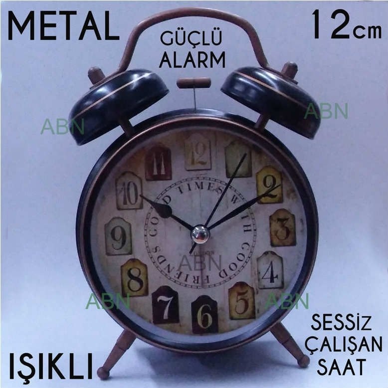 ANTİKA GÖRÜNÜM METAL GÖVDE ALARMLI RETRO SAAT 12cmÇAPINDA IŞIKLI
