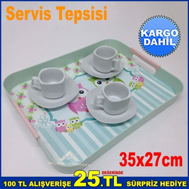 Desenli Dikdörtgen Servis Tepsisi 35x27cm Plastik Sunum Tepsisi